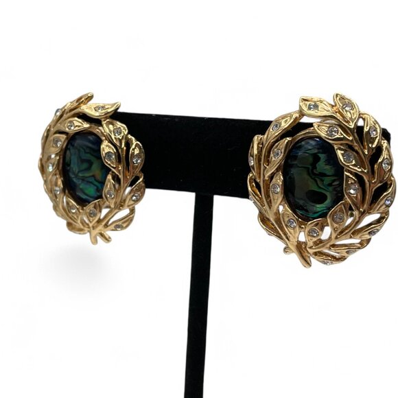 Vintage BUTLER Rhinestone Wreath with Abalone Gold Tone Oval Clip On Earrings - Picture 4 of 10